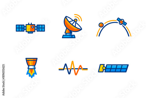 Satellite and technology icons showing space activities and communications from launch to signal transmission in a simple graphic design