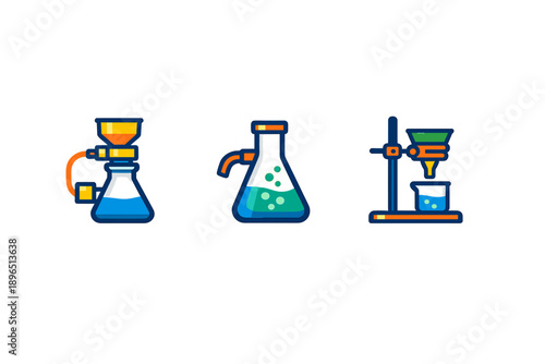 Different types of lab equipment used in scientific experiments and chemical processes during research sessions in a laboratory setting