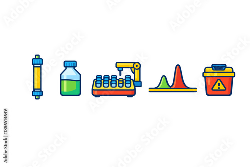 Icons show various laboratory tools and containers used in scientific experiments and chemical analysis at a research facility