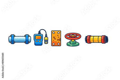 Tools for plumbing work in a construction setting showing a pipe, gauge, valve, and other items often used in repair or maintenance tasks