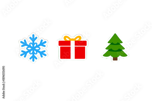 Winter holiday symbols show snowflake, gift box, and Christmas tree to represent festive season in a simple design