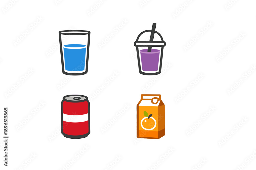 Obraz premium Different types of drinks including blue water, purple beverage, soda can, and orange juice carton on a white background