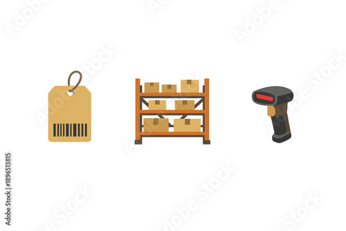 Tracking items in a warehouse with labels, storage shelves and barcode scanner for inventory management by staff members