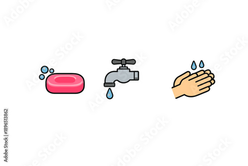 Handwashing steps with soap and faucet showing the process of proper hygiene in a simple visual format at any time of day