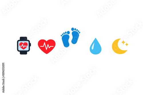 Health monitoring tools are displayed with heart symbols, footprints, water droplet, and crescent moon for tracking fitness and wellness activities
