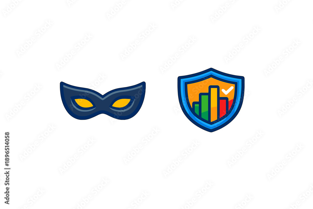 Fototapeta premium Different icons show a mask symbol and a shield with bar charts representing security and analytics concepts in a simple design