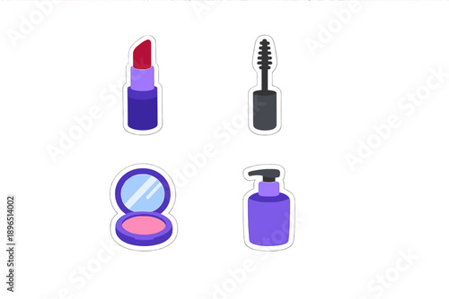 Different beauty products arranged on a white background showing lipstick, mascara, blush compact, and skincare bottle in purple colors