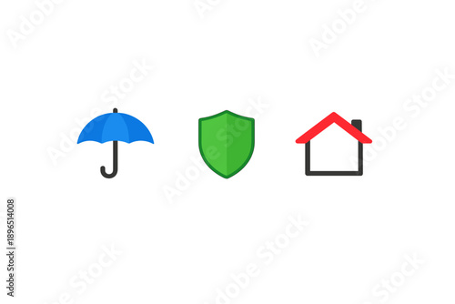 Icons of protection showing an umbrella, a shield, and a house in a simple design on a white background that represents safety and security
