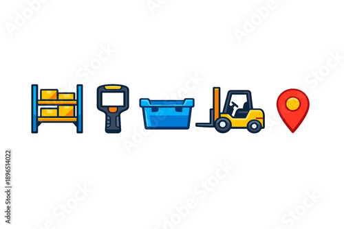 Warehouse tools are shown with a scanner, storage boxes, a forklift, and a marker for location in a distribution center setting