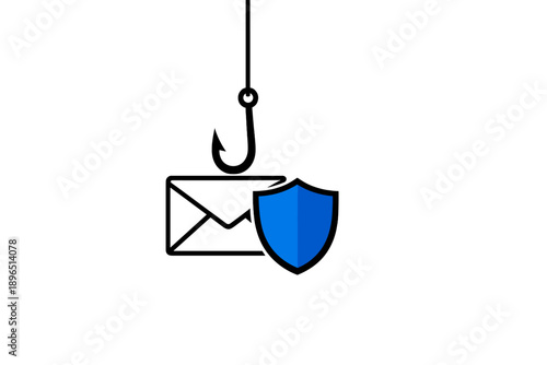 Email scam alert with fishing hook and shield icon in simple design showing the importance of online security