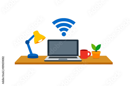 Workspace with laptop, lamp, mug, plant, and WiFi symbol during daytime for remote work or study tasks