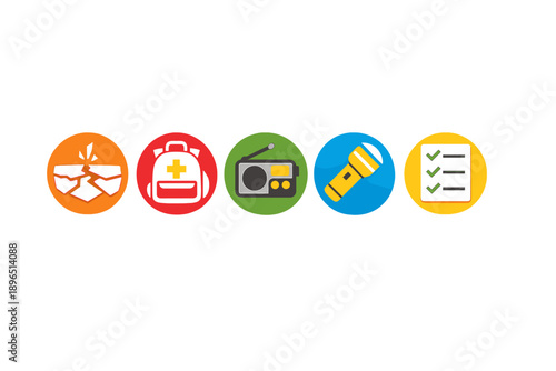 Icons representing emergency preparedness tools and supplies such as first aid kits, radios, flashlights, and checklists for safety planning and response during disasters or emergencies