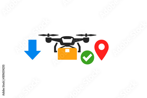 Delivery drone is flying over a location while carrying a package and showing its navigation status with icons below it