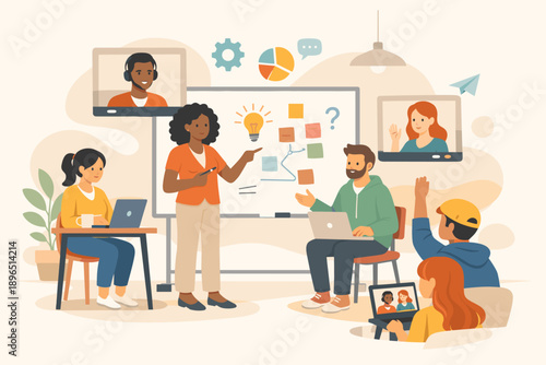 Group of people in a meeting discussing ideas and sharing feedback during an online conference session with video calls