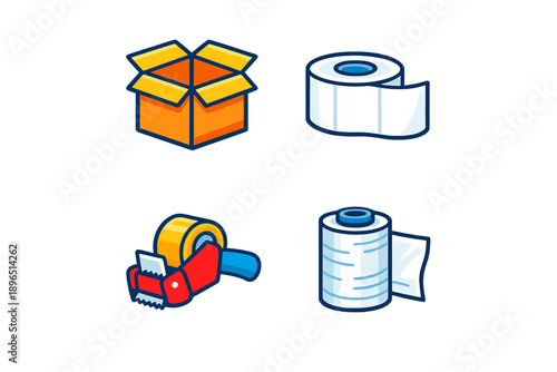 Different packing materials are shown including a box, tape, and rolls of paper for shipping and organizing items in a home or office setting