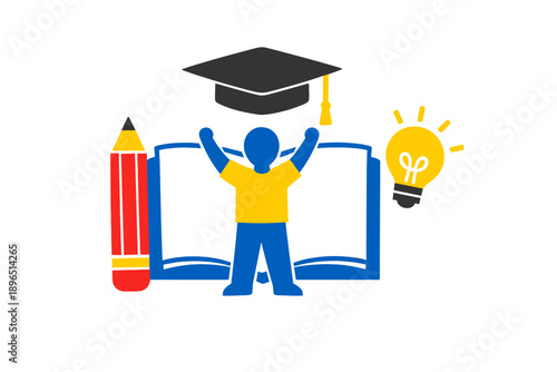 Student celebrating graduation with a book, pencil, and light bulb symbolizing learning and achievement in education