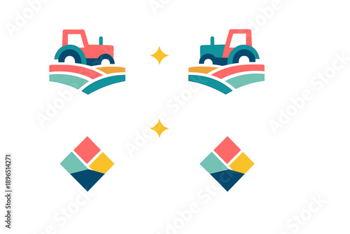 Colorful tractor icons with geometric shapes and bright colors for modern design projects related to farming or agriculture activities