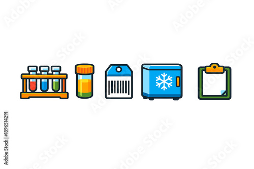 Different laboratory items are shown including test tubes, a container, a label, a freezer, and a clipboard used for various scientific tasks in a lab setting