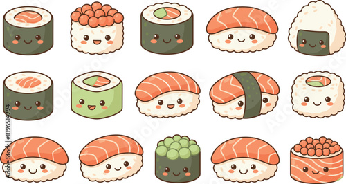 Cute Sushi Cartoon Set with Salmon Roll Nigiri Maki and Gunkan Characters Isolated on White Background
