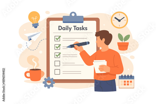 Daily tasks checklist shows a person marking off chores in a workspace with a coffee cup and a calendar