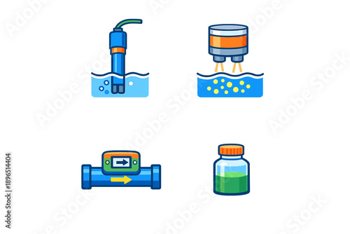 Various types of water treatment equipment designed for purifying and filtering water at a facility