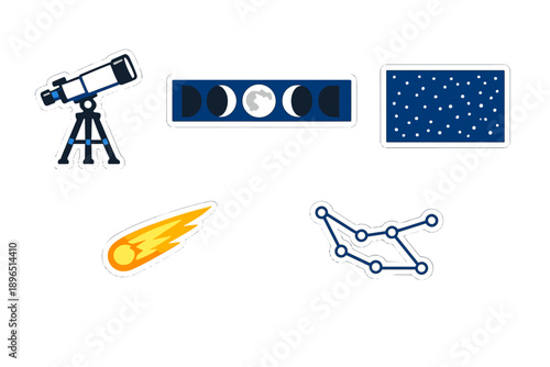 Exploring the night sky with a telescope and observing celestial bodies through stickers of stars and constellations