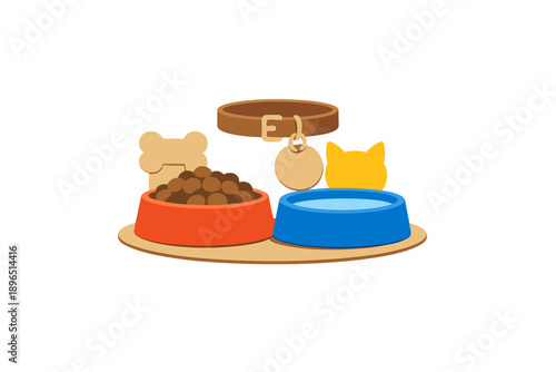 Dog and cat feeding bowls with a collar and tag on a mat in a home setting