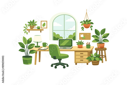 Workplace set in a room with plants around a desk and a window showing a view of clouds and sky during the daytime