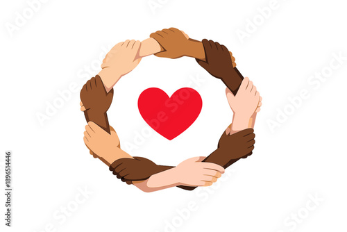 Hands form a circle around a heart symbol to represent unity and love among diverse individuals in a community setting