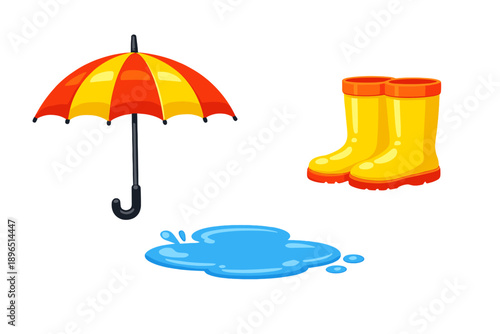 Rain gear with a colorful umbrella, yellow boots, and water puddle showing a wet day and preparations for rainy weather