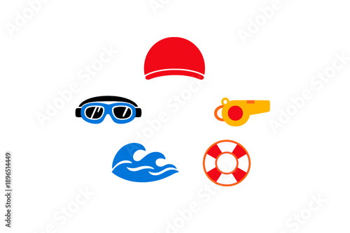 Lifeguard gear and safety symbols for beach activities in summer