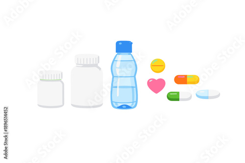 Different types of containers for medicine and supplements are shown along with pills and vitamins arranged on a plain background