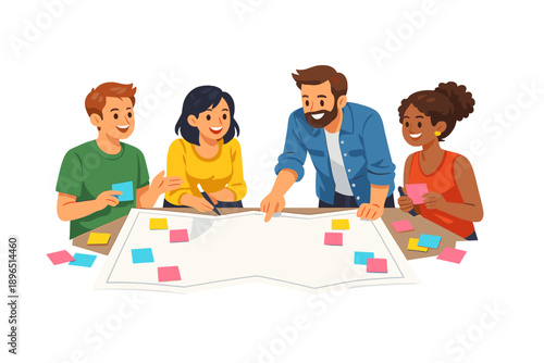Group of people working together on a large planning paper with sticky notes in an office setting during the daytime