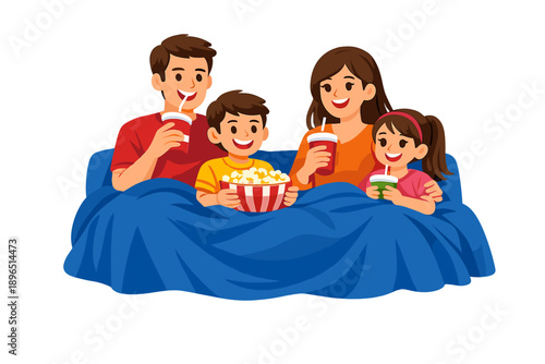 Family enjoys movie night at home while sharing popcorn and drinks under a warm blanket in a cozy living room setting
