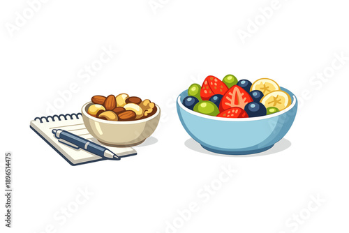 Bowls of nuts and fruit with a notepad and pen on a table during the day