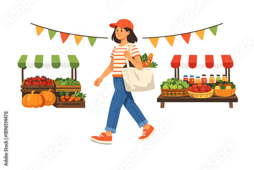 Market scene with a person walking and carrying a bag filled with fruits and vegetables