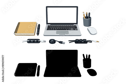 Desk setup includes laptop, notebook, mouse, and writing tools arranged on a simple workspace during daytime