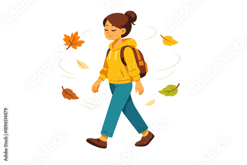 Young person walks in autumn with leaves swirling around in a park on a sunny day