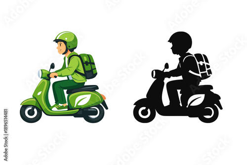 Person rides green scooter with backpack in urban setting during daytime while delivering food to customers