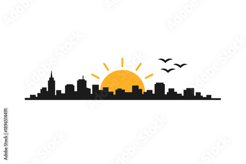 City skyline with sun rising behind buildings and birds flying in the morning sky
