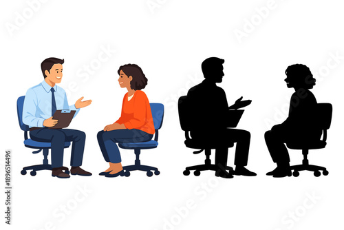 Two people talk in a meeting room with chairs during a daytime discussion about ideas and plans for a project