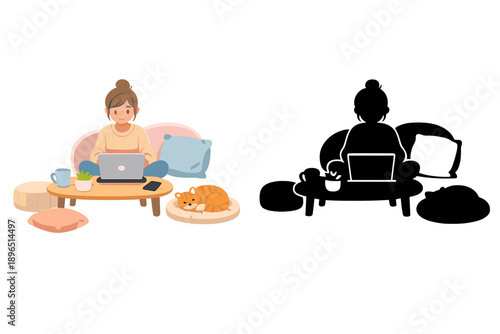 Person works on laptop while sitting on couch with cat nearby in cozy indoor setting during daytime