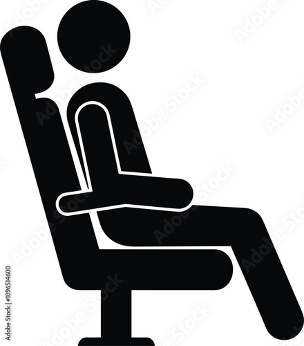Reclining seat icon, person sitting back silhouette, travel seat illustration, airplane comfort symbol, passenger rest vector graphic