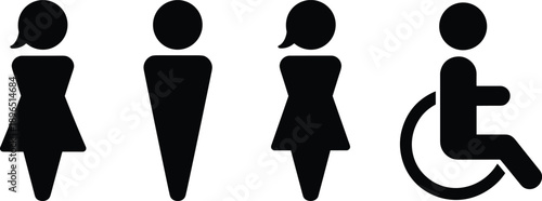 Restroom signs with female, male, accessible wheelchair icon, gender symbols, public bathroom, inclusive signage, black silhouette, simple design, accessibility concept