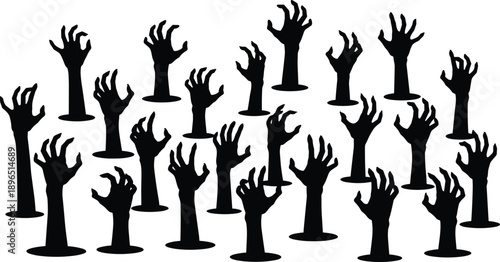 Reaching hands silhouette, horror gesture vector, eerie arm illustration, black white graphic, supernatural struggle art, spooky upward motion, dramatic pose