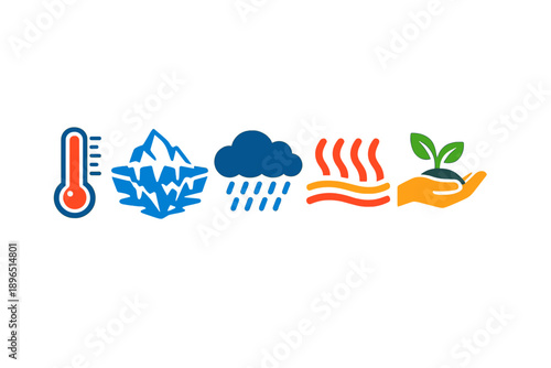 Different weather and climate symbols show temperature, ice, rain, heat, and planting, representing environmental changes over time