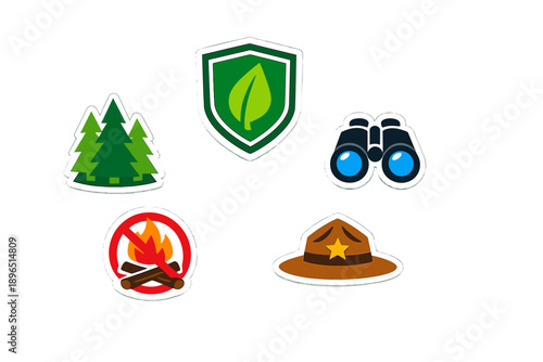 Stickers featuring nature symbols and camping items for outdoor activities and environmental awareness