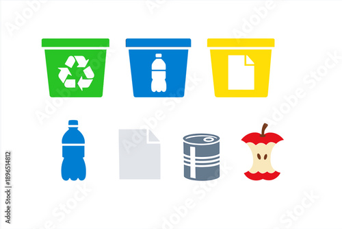 Sorting recycling containers for plastic bottles, paper, and food waste in an organized system for waste management
