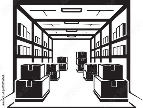 Warehouse storage room with boxes and shelves viewed from the front