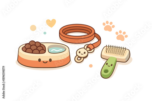 Cute pet supplies with a food bowl, water dish, leash, and grooming brush arranged in a playful way with cheerful designs and small hearts